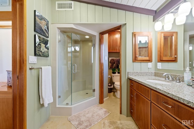 full bath featuring a shower stall, visible vents, vanity, and toilet