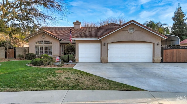 ranch-style house with a chimney, stucco siding, a front yard, fence, and a garage