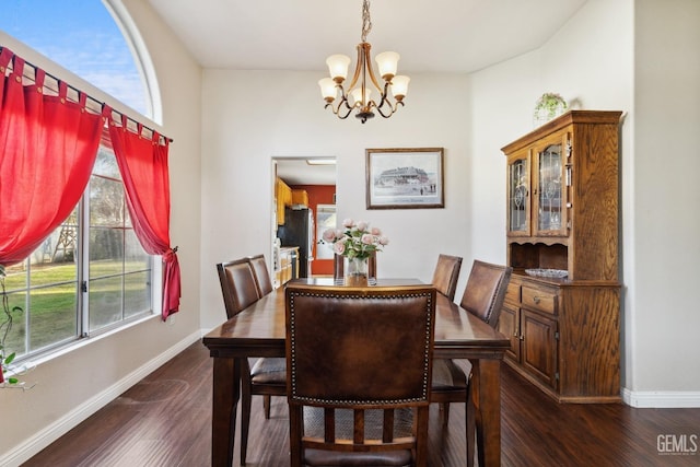 dining room with baseboards, dark wood-style flooring, and a healthy amount of sunlight