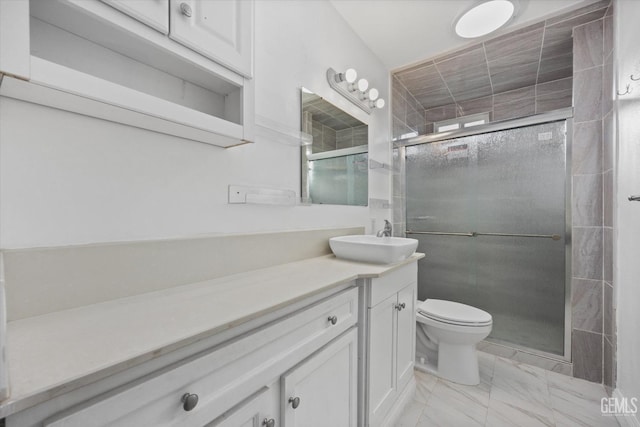 bathroom featuring vanity, a shower with shower door, and toilet