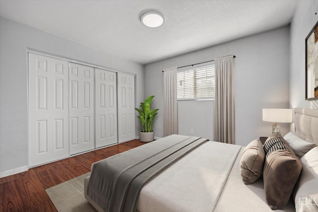 bedroom with dark hardwood / wood-style floors and a closet