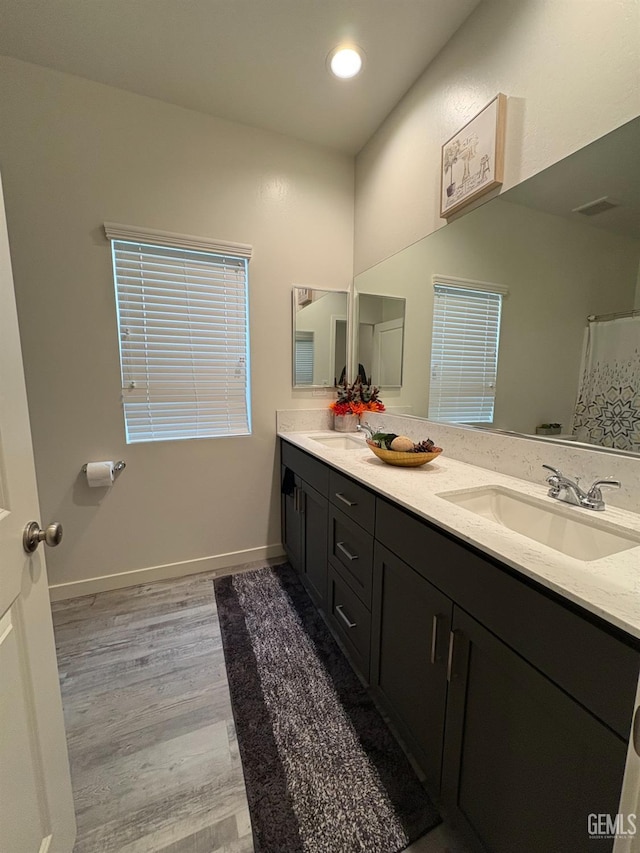 bathroom featuring hardwood / wood-style flooring and vanity