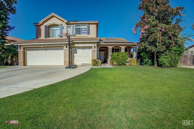 view of front property with a front lawn, a garage, and solar panels