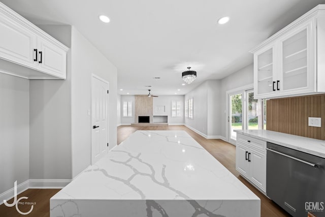 11009 Bright Water Way, Bakersfield, CA 93311 - kitchen with dishwasher, recessed lighting, baseboards, ceiling fan, and dark wood finished floors