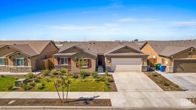 single story home with a garage and a front lawn