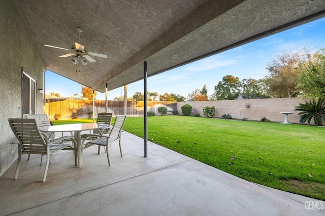 view of patio / terrace with a fenced backyard and a ceiling fan