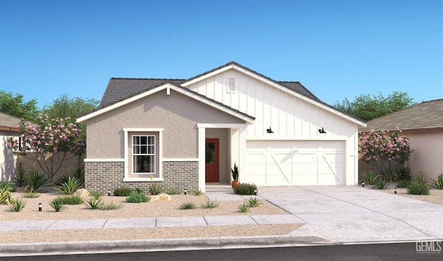view of front of house with a garage, concrete driveway, board and batten siding, brick siding, and stucco siding