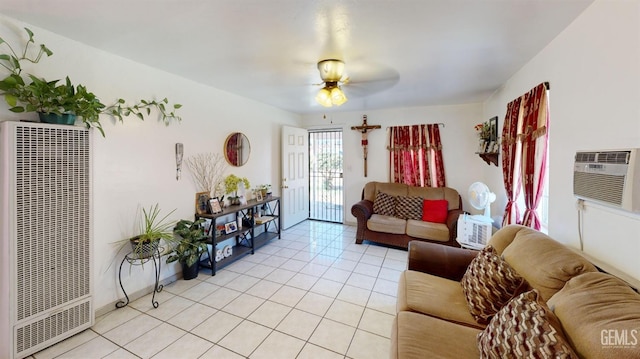 tiled living room with ceiling fan and a wall mounted air conditioner