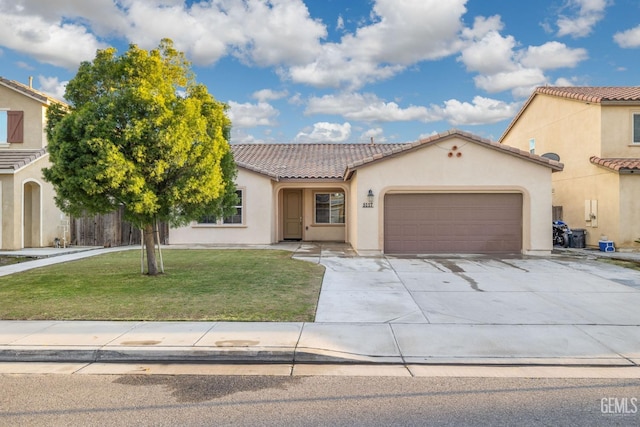 mediterranean / spanish house with a garage, a tile roof, driveway, stucco siding, and a front lawn