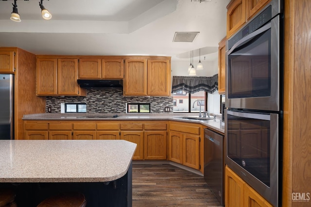 11906 Christy Ave, Bakersfield, CA 93312 - kitchen featuring appliances with stainless steel finishes, under cabinet range hood, brown cabinetry, and dark wood-style flooring