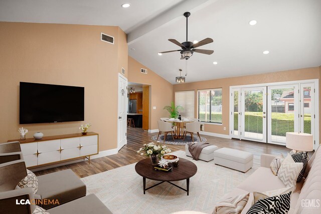 11906 Christy Ave, Bakersfield, CA 93312 - living area with wood finished floors, a ceiling fan, recessed lighting, beam ceiling, and high vaulted ceiling
