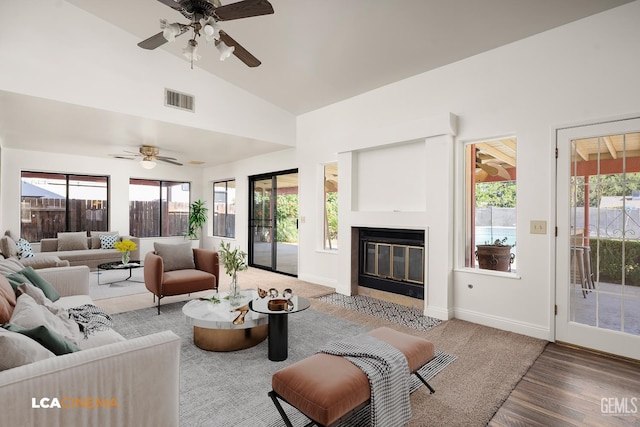 11906 Christy Ave, Bakersfield, CA 93312 - living room with ceiling fan, wood finished floors, healthy amount of natural light, and high vaulted ceiling