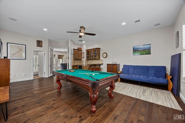 11416 Queensbury Dr, Bakersfield, CA 93312 - rec room featuring wood finished floors, billiards table, ceiling fan, baseboards, and recessed lighting