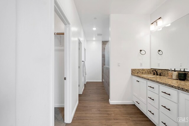 bathroom featuring wood finished floors, a spacious closet, vanity, baseboards, and recessed lighting