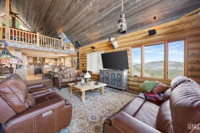 living room with rustic walls, high vaulted ceiling, and wood ceiling