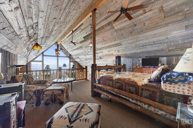 bedroom featuring high vaulted ceiling, wooden walls, and carpet floors