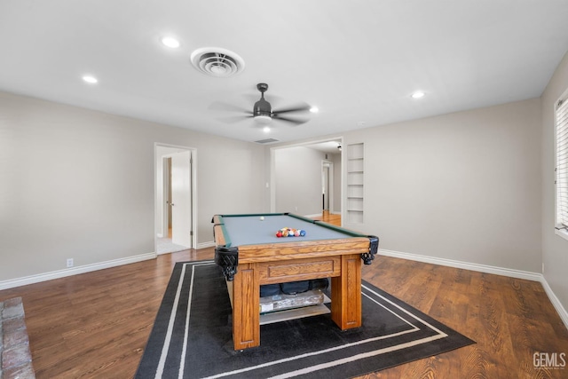 2613 Spruce St, Bakersfield, CA 93301 - game room with baseboards, a ceiling fan, wood finished floors, billiards, and recessed lighting