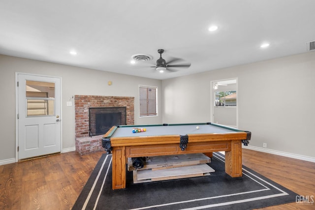 2613 Spruce St, Bakersfield, CA 93301 - rec room with a ceiling fan, billiards, baseboards, wood finished floors, and recessed lighting