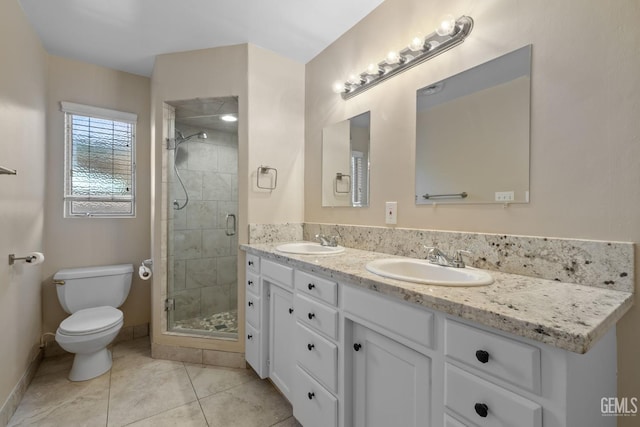 2613 Spruce St, Bakersfield, CA 93301 - full bath featuring toilet, a shower stall, double vanity, baseboards, and tile patterned floors