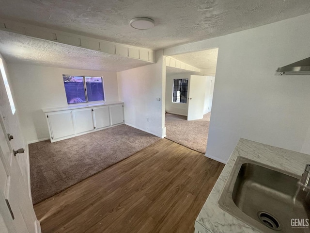 unfurnished living room with a textured ceiling, hardwood / wood-style flooring, and sink