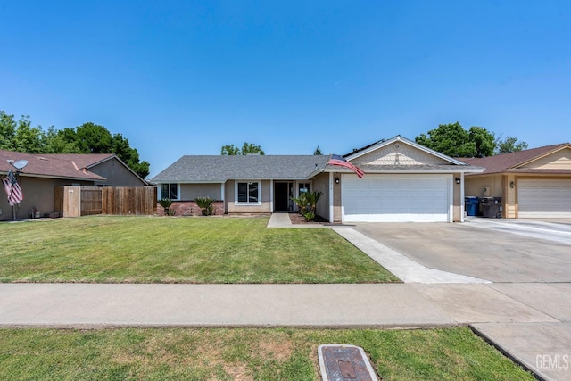 single story home with a front lawn, fence, stucco siding, concrete driveway, and an attached garage