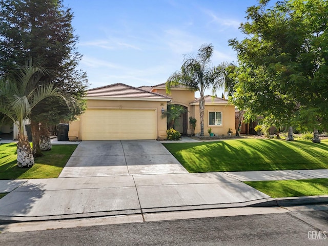605 Cornelia St, Wasco, CA 93280 - view of front facade featuring stucco siding, a garage, concrete driveway, a front yard, and a tile roof
