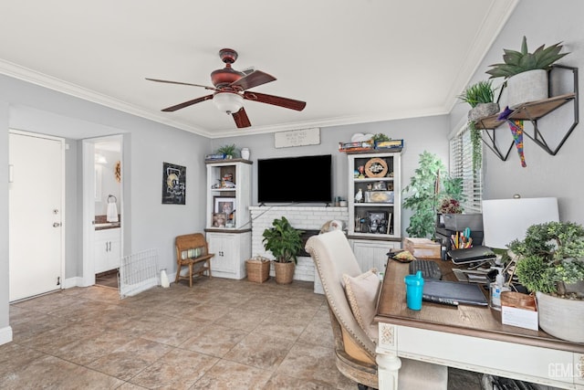 5104 Silver Crossing St, Bakersfield, CA 93313 - office space with ceiling fan, crown molding, a brick fireplace, and baseboards