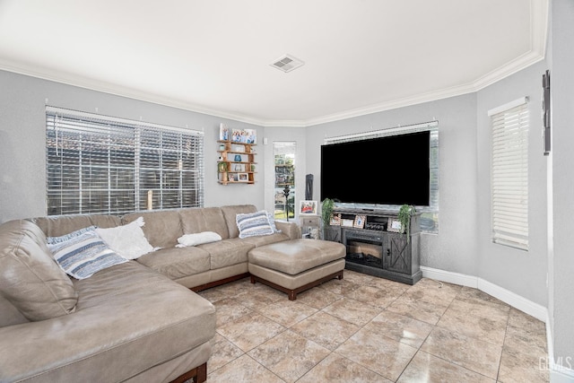 5104 Silver Crossing St, Bakersfield, CA 93313 - living room featuring ornamental molding, baseboards, a fireplace, and light tile patterned floors