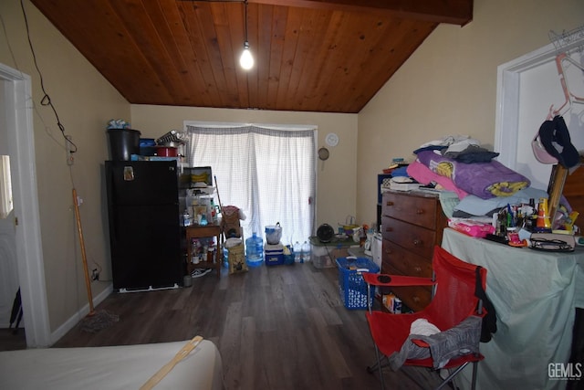 bedroom featuring dark hardwood / wood-style floors, black fridge, wood ceiling, and vaulted ceiling