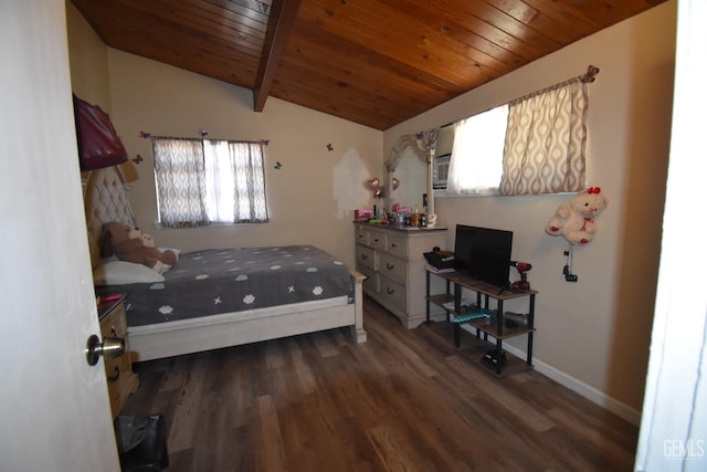 bedroom featuring dark hardwood / wood-style flooring, lofted ceiling with beams, and wooden ceiling