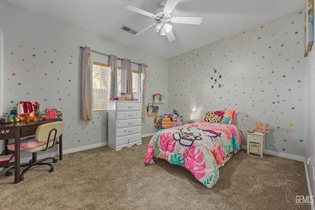 carpeted bedroom featuring ceiling fan