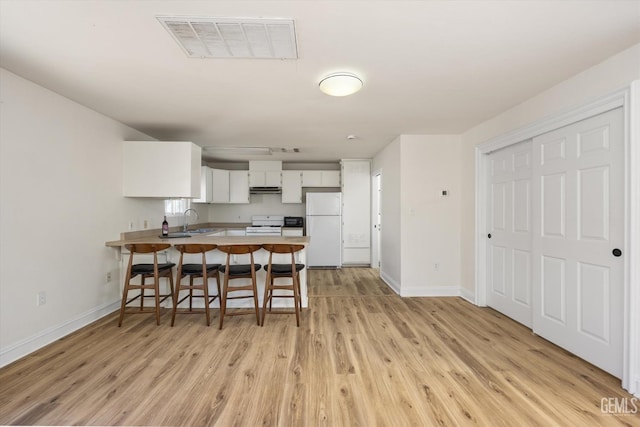 kitchen featuring white appliances, visible vents, light wood finished floors, a peninsula, and a sink