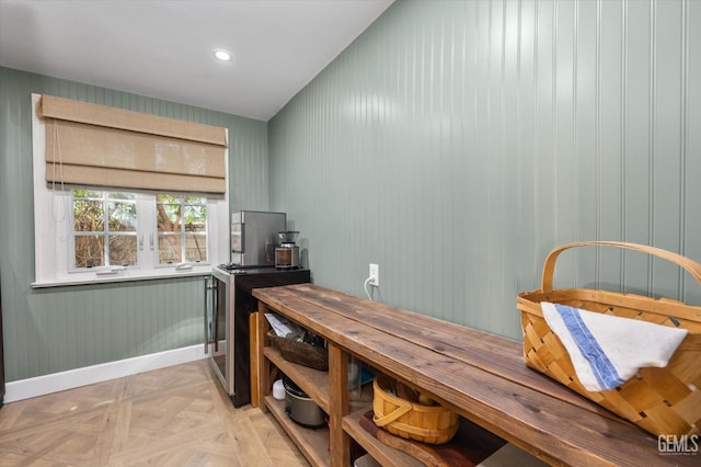 dining space featuring recessed lighting and baseboards