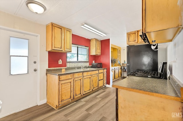 3601 S Chester Ave Unit 12, Bakersfield, CA 93304 - kitchen with freestanding refrigerator, light wood finished floors, dark countertops, black microwave, and stove