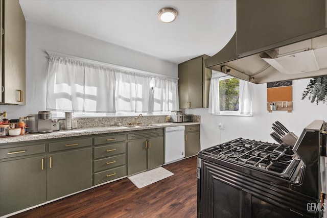 kitchen featuring dark wood-type flooring, a sink, light countertops, range hood, and dishwasher