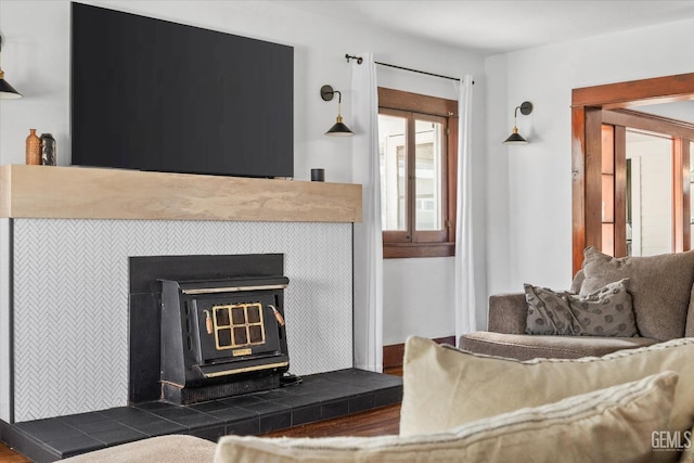 living room featuring dark wood-type flooring and a wood stove