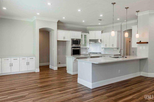 kitchen featuring dark wood-style floors, a sink, under cabinet range hood, arched walkways, and appliances with stainless steel finishes