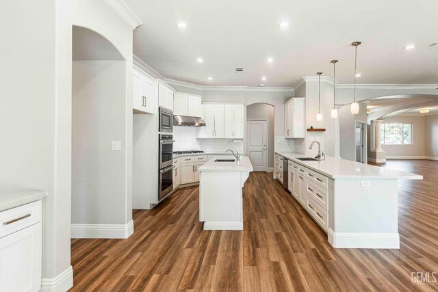 kitchen with arched walkways, under cabinet range hood, crown molding, and a sink