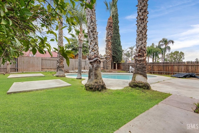 view of swimming pool with a patio, a yard, a fenced backyard, and a fenced in pool