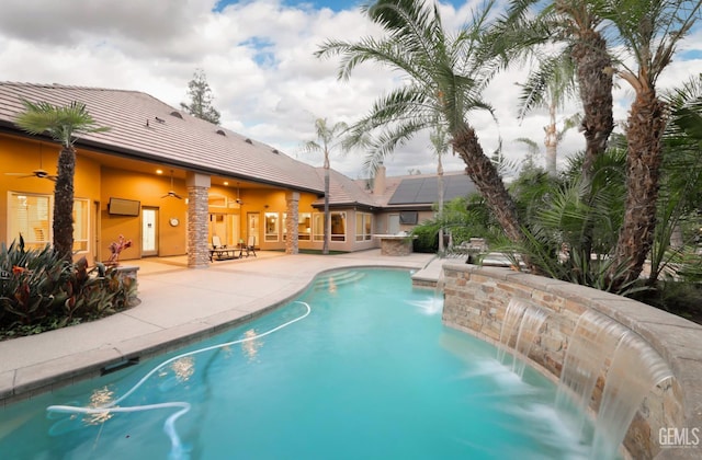 12603 Clay Creek Ct, Bakersfield, CA 93312 - outdoor pool featuring a ceiling fan and a patio