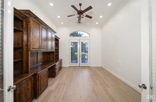 12603 Clay Creek Ct, Bakersfield, CA 93312 - unfurnished office featuring french doors, a ceiling fan, light wood-style flooring, recessed lighting, and crown molding