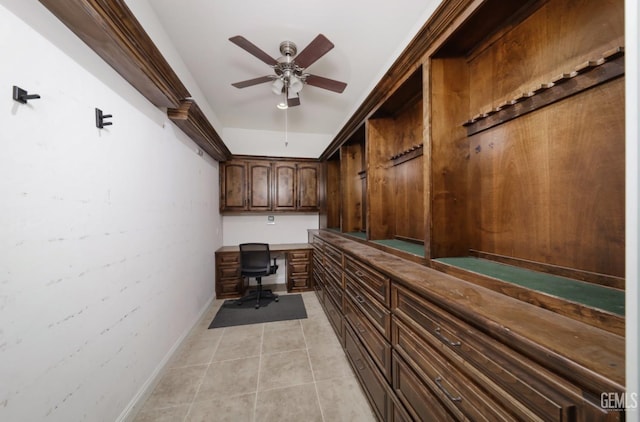 12603 Clay Creek Ct, Bakersfield, CA 93312 - mudroom featuring light tile patterned floors, ceiling fan, and built in desk