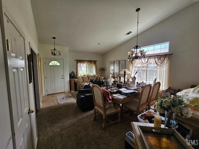 4102 Sierra Redwood Dr, Bakersfield, CA 93313 - dining room featuring a chandelier, lofted ceiling, and carpet floors