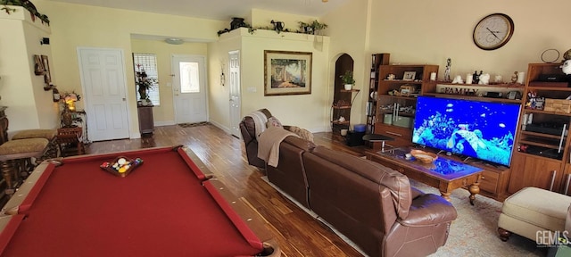 5308 Benevento Ct, Bakersfield, CA 93308 - game room featuring arched walkways, billiards, wood finished floors, and baseboards