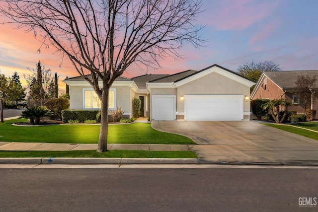 single story home with stucco siding, an attached garage, driveway, a tiled roof, and a front lawn