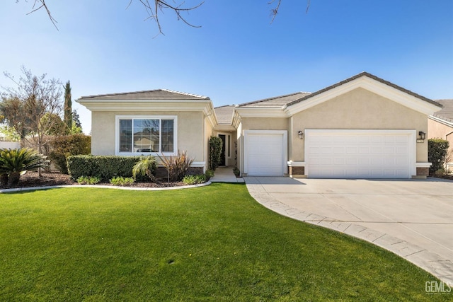 ranch-style house with a front yard, stucco siding, concrete driveway, a garage, and a tiled roof