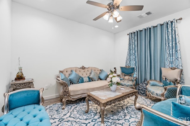 7900 Linden Tree Ave, Bakersfield, CA 93313 - living area with baseboards, visible vents, recessed lighting, a ceiling fan, and wood finished floors