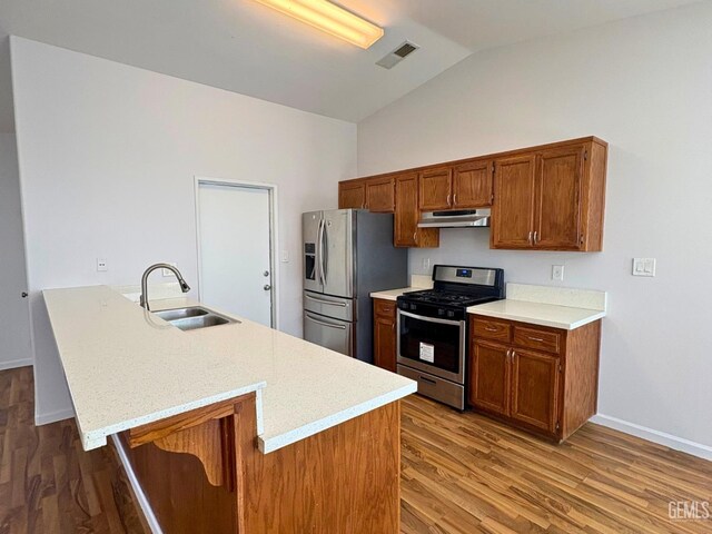 9057 Mackenzie Ct, Bakersfield, CA 93306 - kitchen with under cabinet range hood, appliances with stainless steel finishes, a sink, vaulted ceiling, and wood finished floors