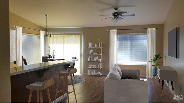 9057 Mackenzie Ct, Bakersfield, CA 93306 - living area with a ceiling fan, lofted ceiling, dark wood-type flooring, and baseboards