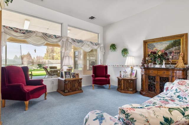 living area featuring carpet flooring and visible vents